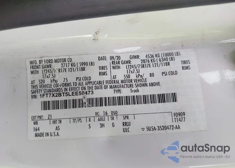 2020 Ford F-250 Xl из США, поврежденный, VIN 1FT7X2BT5LEE50473